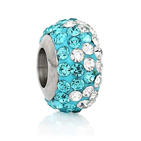 Stainless Steel European Style Charm Beads Round Silver Tone With Light Blue & Clear Rhinestone - Sexy Sparkles Fashion Jewelry - 1