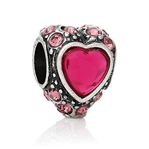 Heart W/  Crystals Charm Bead (Fuchsia) Charm Bead for Most European Snake Chain Bracelet - Sexy Sparkles Fashion Jewelry - 1