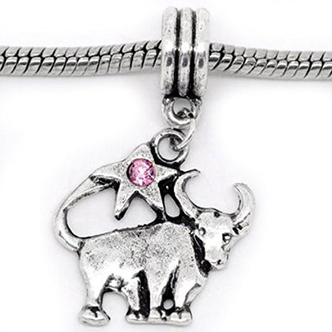 Taurus Zodiac Charm W/pink Crystal Dangle Bead for Snake Bracelets - Sexy Sparkles Fashion Jewelry - 1