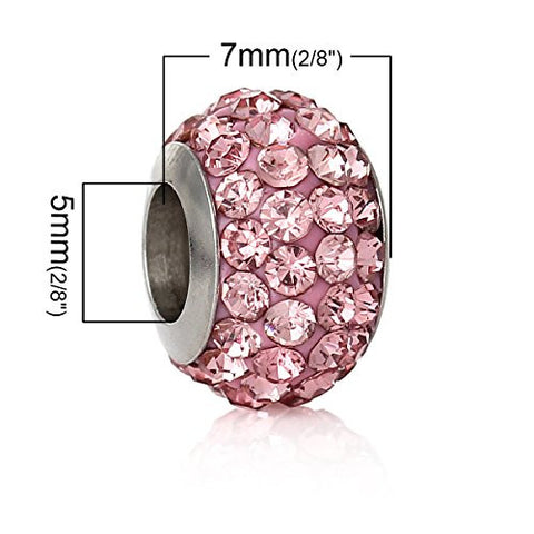 Stainless Steel European Style Charm Beads Round Silver Tone Pink Rhinestone - Sexy Sparkles Fashion Jewelry - 2