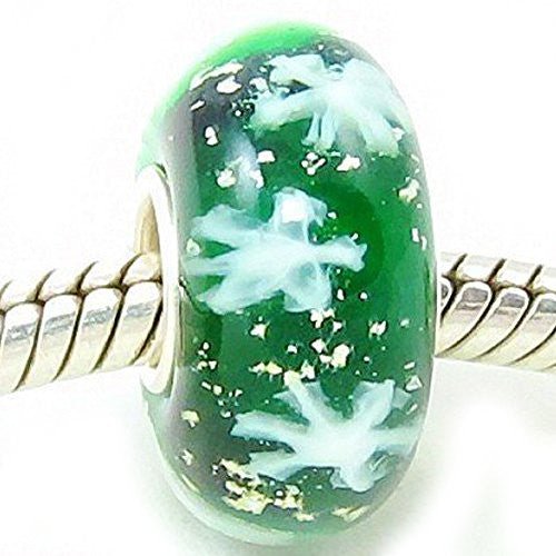 Snowflakes in a Dark Green European Murano Style Glass European Bead Compatible for Most European Snake Chain Bracelet