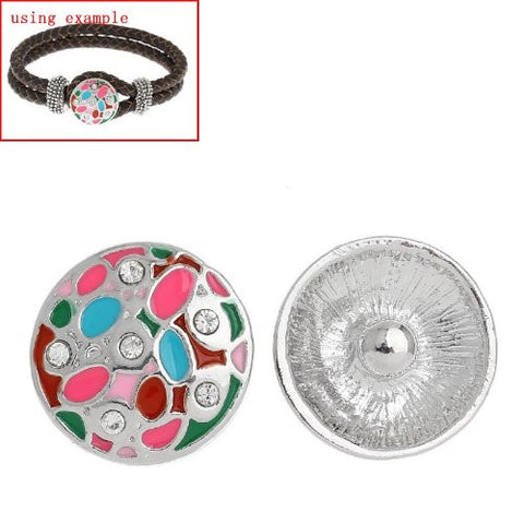 Chunk Snap Buttons Fit Chunk Bracelet Round Silver Tone Enamel Multi Clear Rhinestone Pattern Carved 20mm - Sexy Sparkles Fashion Jewelry - 2