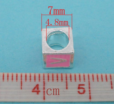 "V" Letter Square Charm Beads Pink Enamel European Bead Compatible for Most European Snake Chain Charm Bracelets - Sexy Sparkles Fashion Jewelry - 3