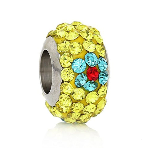 Stainless Steel European Style Charm Beads Round Silver Tone With Yellow Blue & Red Rhinestone - Sexy Sparkles Fashion Jewelry - 1