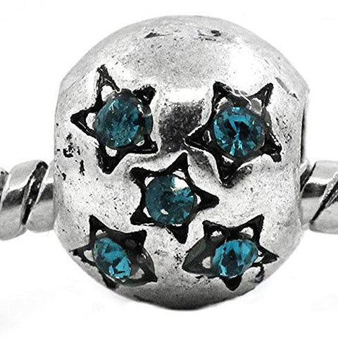European Charm Beads Antique Silver Star Carved Light Blue Rhinestone - Sexy Sparkles Fashion Jewelry - 1
