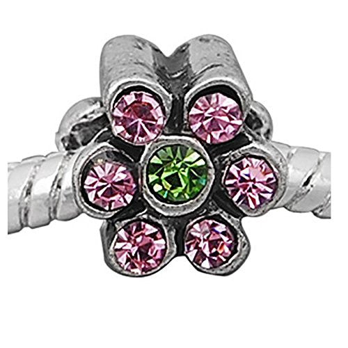 Flower with Pink and Green  Crystals European Bead Compatible for Most European Snake Chain Charm Bracelet