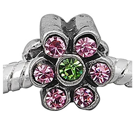 Flower with Pink and Green  Crystals European Bead Compatible for Most European Snake Chain Charm Bracelet - Sexy Sparkles Fashion Jewelry - 1