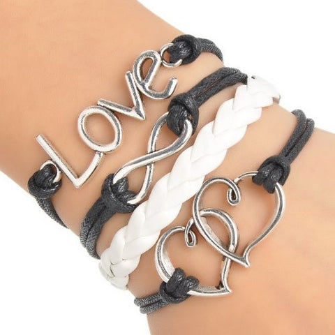 Braiding Leatheroid Wax Rope Bracelets Black Antique Silver Double Hearts Infinity Symbol Love W/Lobster Clasp - Sexy Sparkles Fashion Jewelry - 3