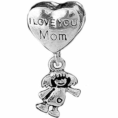 Mothers Day Gift I Love You Mom Heart with Little Girl Charms European Bead Compatible for Most European Snake Chain Bracelet - Sexy Sparkles Fashion Jewelry