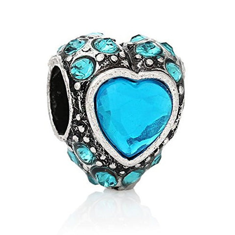 Heart W/ Crystals Charm Bead (Blue)European Bead Compatible for Most European Snake Chain Bracelet - Sexy Sparkles Fashion Jewelry - 1