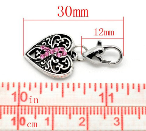 Pink Ribbon Awareness Heart Clip on Pendant for European Charm Jewelry w/ Lobster Clasp - Sexy Sparkles Fashion Jewelry - 2