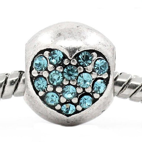 Heart Carved On Charm With Rhinestones Bead Spacer For Snake Chain Bracelet (Light Blue) - Sexy Sparkles Fashion Jewelry - 4