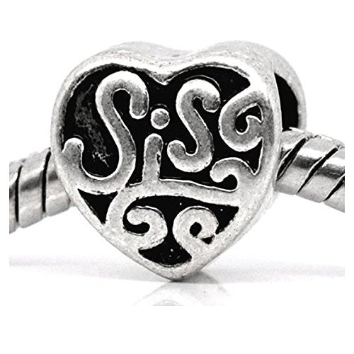 "Sis" Heart Bead European Bead Compatible for Most European Snake Chain Bracelet