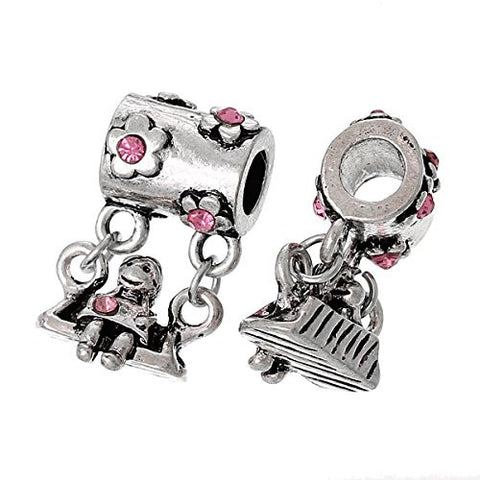 Little Girl on Swing w/ Pink Crystals European European Bead Compatible for Most European Snake Chain Charm Braceletss - Sexy Sparkles Fashion Jewelry - 3