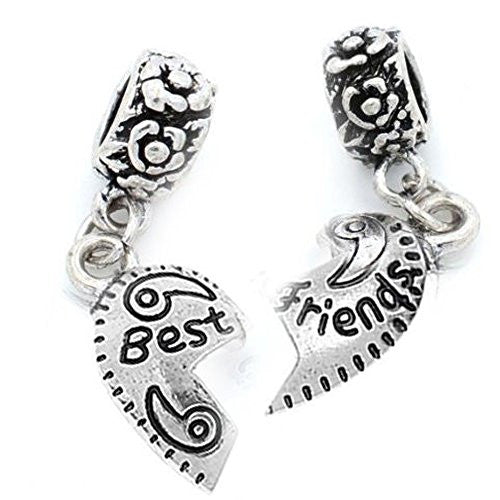 2 Piece Best Friends Half Heart Dangles European Bead Compatible for Most European Snake Chain Bracelet