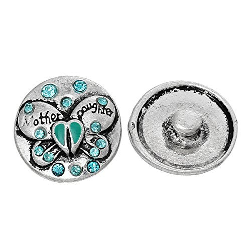 Chunk Snap Jewelry Button Round Antique Silver Fit Chunk Bracelet Blue Green Rhinestone Butterfly "Mother Daughter" - Sexy Sparkles Fashion Jewelry