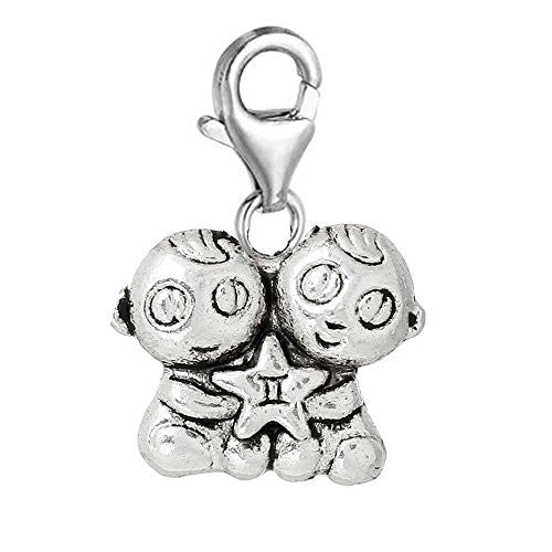 Kids Holding Gemini Zodiac Sign Clip On Charm Pendant for European Charm Jewelry w/ Lobster Clasp