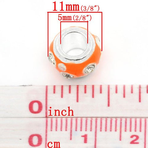 European Charm Beads Column Silver Plated Clear Rhinestone Enamel Orange - Sexy Sparkles Fashion Jewelry - 3