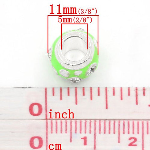 European Charm Beads Column Silver Plated Clear Rhinestone Enamel Light Green - Sexy Sparkles Fashion Jewelry - 3