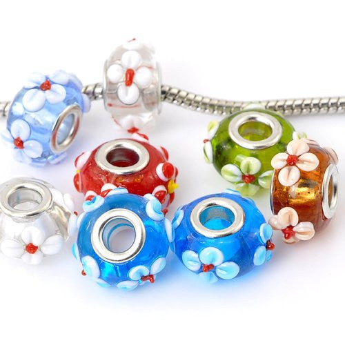 Five (5) Assorted Murano Style Glass Bead Flower Pattern For Snake Chain Charm Bracelet - Sexy Sparkles Fashion Jewelry - 1