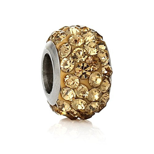 Stainless Steel European Style Charm Beads Round Silver Tone Yellow Rhinestone