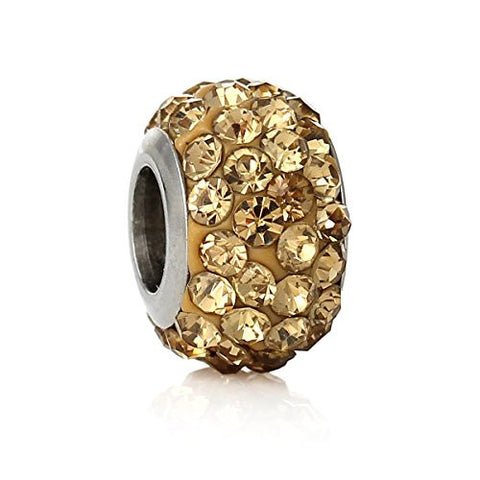 Stainless Steel European Style Charm Beads Round Silver Tone Yellow Rhinestone - Sexy Sparkles Fashion Jewelry - 1