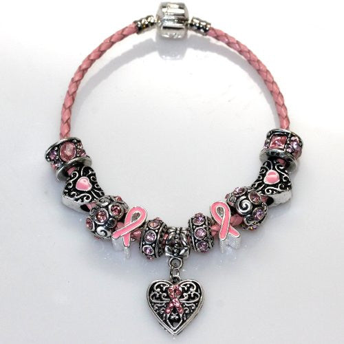 8.5" Genuine Leather Bracelet Pink Breast Cancer Awareness Charm Bracelet