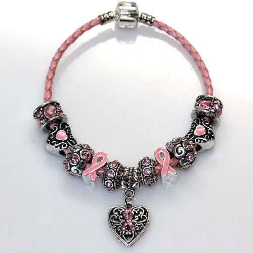 7.5" Genuine Leather Bracelet Pink Breast Cancer Awareness Charm Bracelet