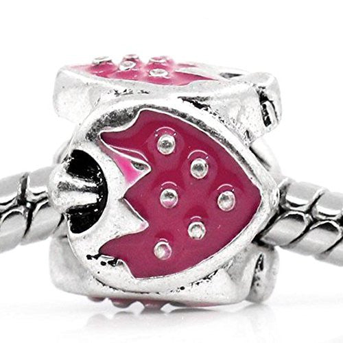 Fushia Strawberry Bead Silver Tone Dangle European Bead Compatible for Most European Snake Chain Charm Bracelet