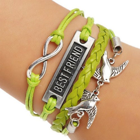 Braiding Leatheroid Wax Rope Bracelets Green Antique Silver Infinity Symbol Love Birds "Best Friend" Carved - Sexy Sparkles Fashion Jewelry - 3