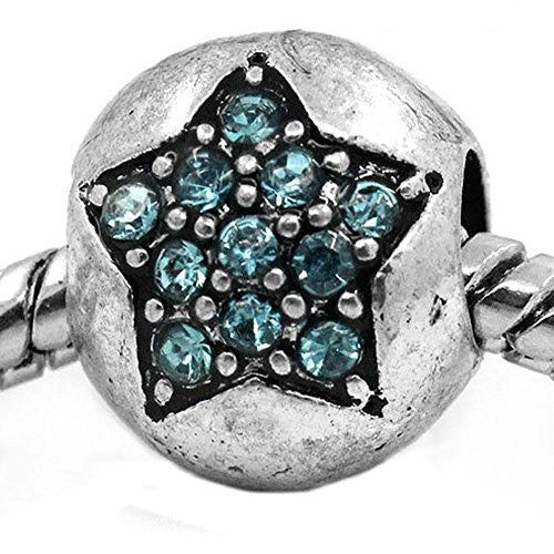 European Charm Beads Antique Silver Star Carved Light Blue Rhinestone