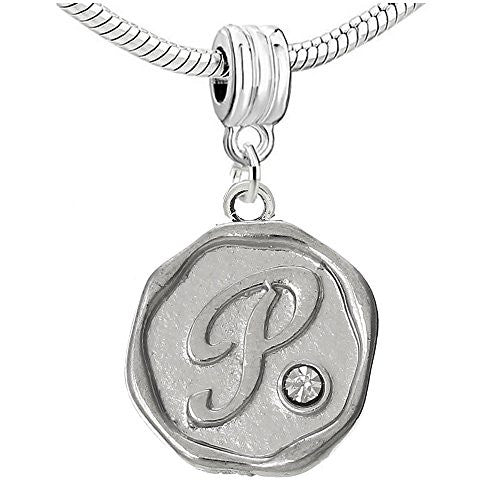 Alphabet Letter P Carved with Clear  Crystals Charm Dangle Bead Compatible with European Snake Chain Bracelets