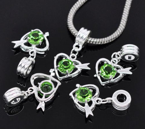 Green Rhinestone Qupid Heart Dangle Charm European Bead Compatible for Most European Snake Chain Bracelet - Sexy Sparkles Fashion Jewelry - 3