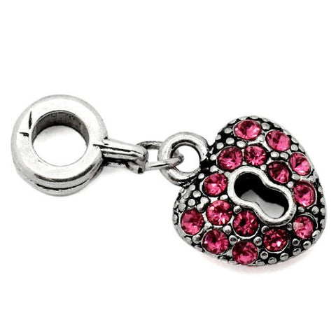 Hot Pink Crystals Heart Lock Dangle Charm Bead For Snake Chain Bracelets - Sexy Sparkles Fashion Jewelry - 2