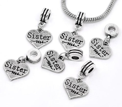 Sister on Heart Charm Dangle Bead Charm Spacer For Snake Chain Charm Bracelet - Sexy Sparkles Fashion Jewelry - 2