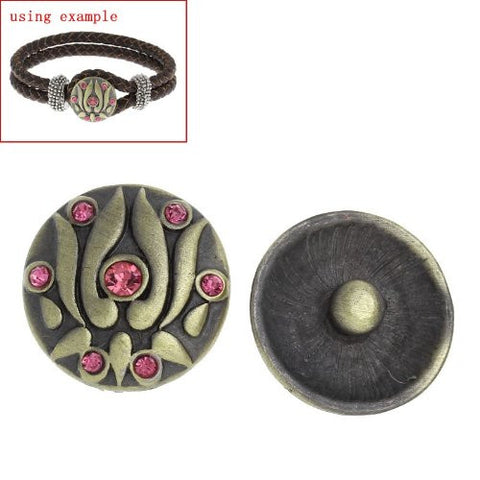 Chunk Snap Buttons Fit Chunk Bracelet Round Antique Bronze Pink Rhinestone Flower Carved 20mm Dia - Sexy Sparkles Fashion Jewelry - 2
