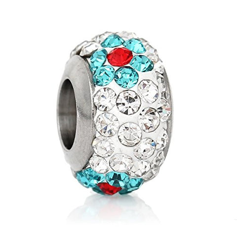 Stainless Steel European Style Charm Beads Round Silver Tone With lt Blue & Clear Rhinestone - Sexy Sparkles Fashion Jewelry - 1