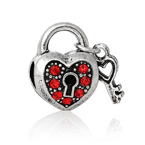 lock & Key to My Heart with Red Crystals Bead Compatible for Most European Snake Chain Bracelet - Sexy Sparkles Fashion Jewelry - 1