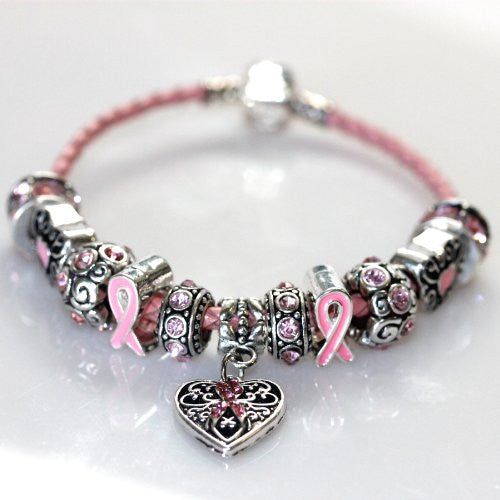 6.5" Genuine Leather Bracelet Pink Breast Cancer Awareness Charm Bracelet