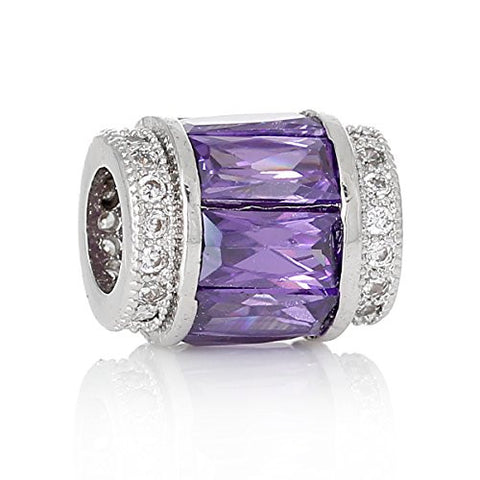 Copper European Charm Beads Cylinder Silver Tone Purple Cubic Zirconia - Sexy Sparkles Fashion Jewelry - 1