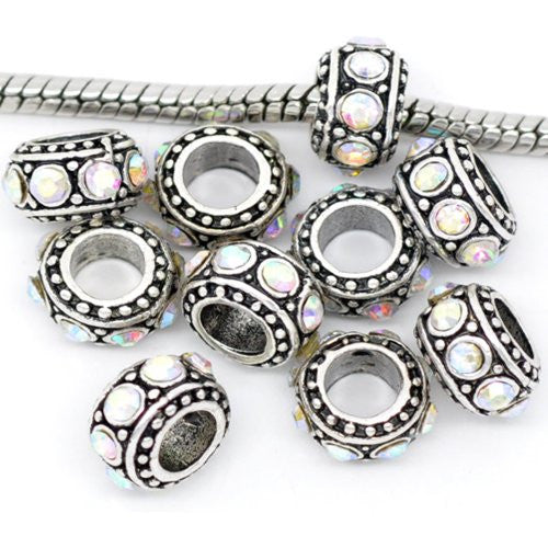 Five (5) Clear Iridescent  Rhinestone Charms Spacer Beads For Snake Chain Charm Bracelet