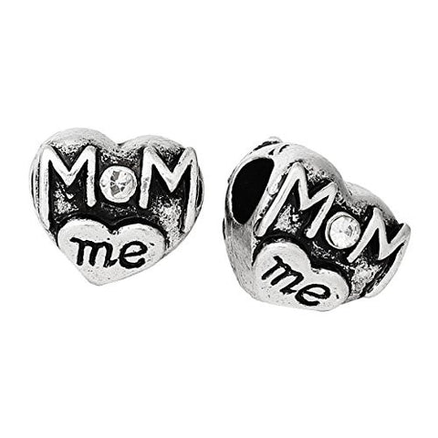 Mom and Me Heart W/Clear Rhinestones Charm Spacer European Bead Compatible for Most European Snake Chain Bracelet - Sexy Sparkles Fashion Jewelry - 2