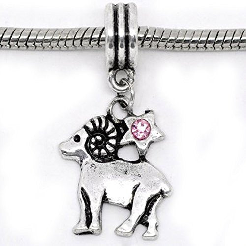 Aries Zodiac Charm W/pink Crystal Dangle Bead for Snake Bracelets - Sexy Sparkles Fashion Jewelry - 1