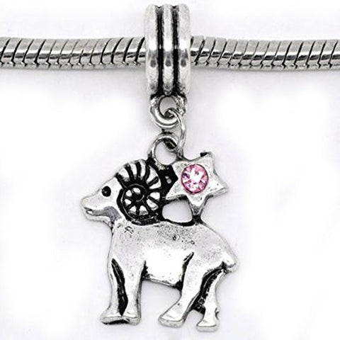 Aries Zodiac Charm W/pink Crystal Dangle Bead for Snake Bracelets - Sexy Sparkles Fashion Jewelry - 1