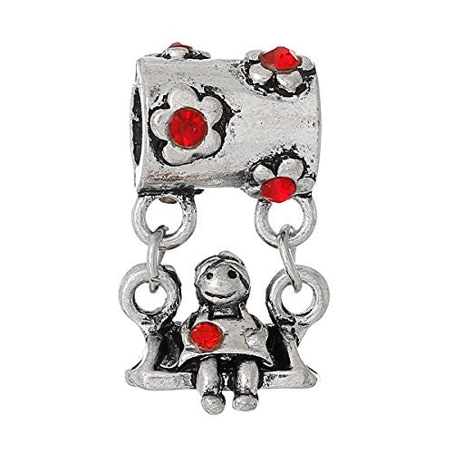 Little Girl on Swing w/ Pink Crystals European European Bead Compatible for Most European Snake Chain Charm Bracelets