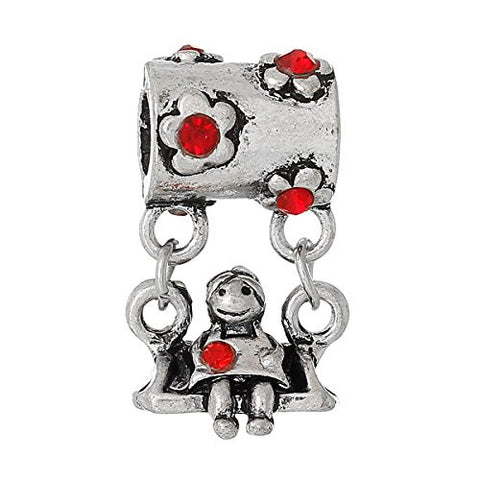 Little Girl on Swing w/ Pink Crystals European European Bead Compatible for Most European Snake Chain Charm Bracelets - Sexy Sparkles Fashion Jewelry - 1