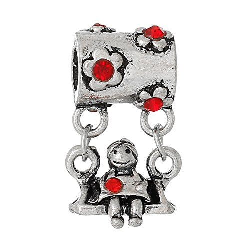Little Girl on Swing w/ Red Crystals European European Bead Compatible for Most European Snake Chain Charm Bracelets
