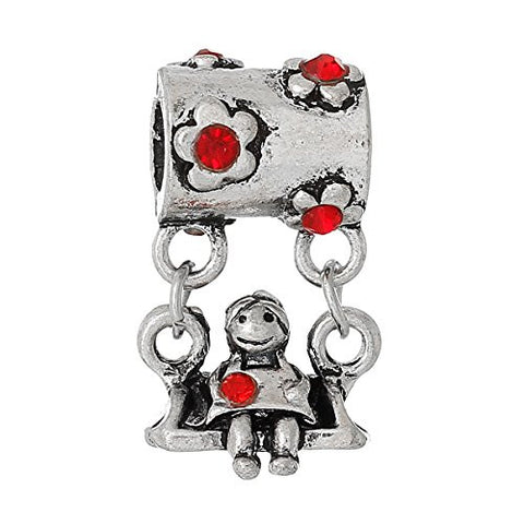 Little Girl on Swing w/ Red Crystals European European Bead Compatible for Most European Snake Chain Charm Bracelets - Sexy Sparkles Fashion Jewelry - 1