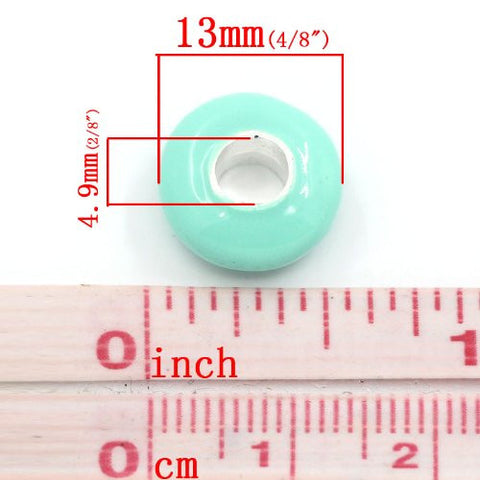 European Charm Beads Flat Round Silver Plated Enamel Light Green - Sexy Sparkles Fashion Jewelry - 2