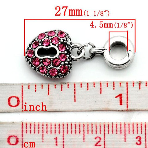 Hot Pink Crystals Heart Lock Dangle Charm Bead For Snake Chain Bracelets - Sexy Sparkles Fashion Jewelry - 3